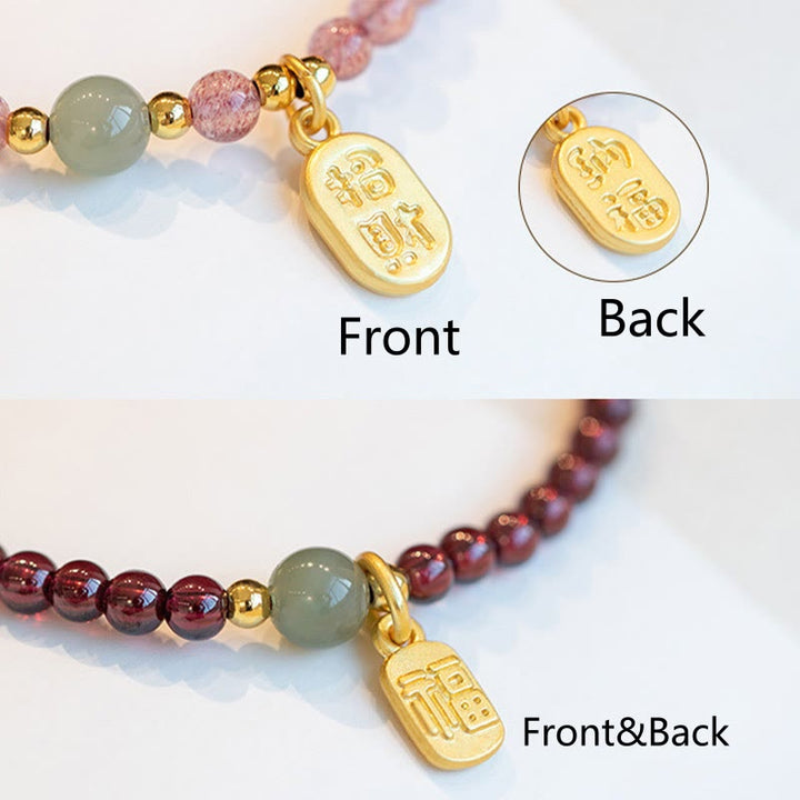 Buddha Stones天然ストロベリークォーツガーネット翡翠幸運福キャラクターヒーリングチャームブレスレット
