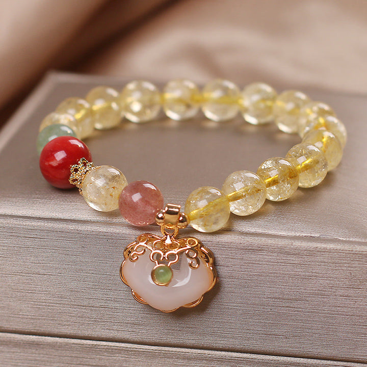 Buddha Stones天然シトリン ホワイトジェイド ストロベリークォーツ 守護チャームブレスレット
