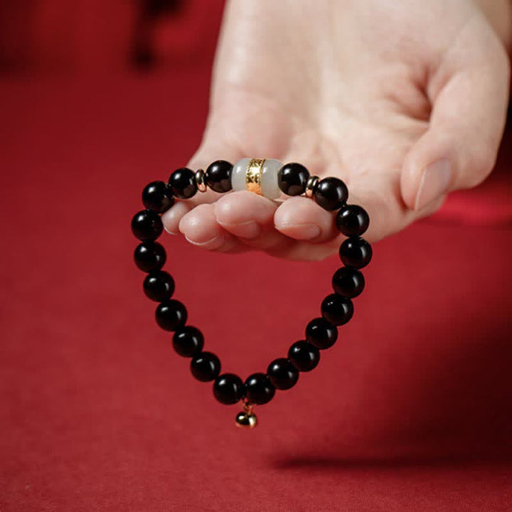 Buddha Stones黒曜石 翡翠オーム・マニ・パドメ・フム強さ カップル 磁気ブレスレット