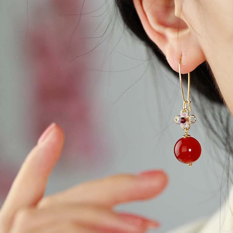 Buddha Stones925スターリングシルバー レッドアゲートフラワービーズ コンフィデンスイヤリング