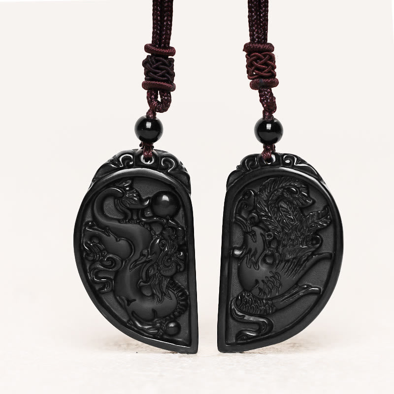 Buddha Stonesブラックオブシディアン 愛の龍 鳳凰 守護ネックレス ペンダント - image 1
