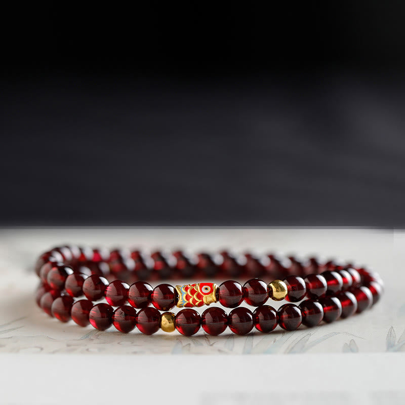 Buddha Stones999ゴールド 鯉 天然ガーネット守護ブレスレット - 5mmガーネット＆ゴールド鯉ダブルラップブレスレット - 17cm - image 12