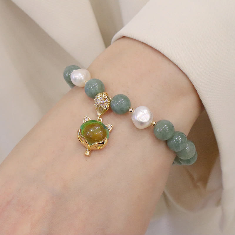 Buddha Stones翡翠パールの色が変わるキツネのお守り幸運ブレスレット
