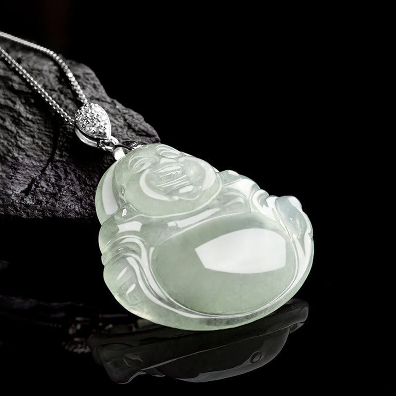 Buddha Stones925スターリングシルバー 天然翡翠 笑い仏 繁栄 豊穣 チェーンネックレス ペンダント