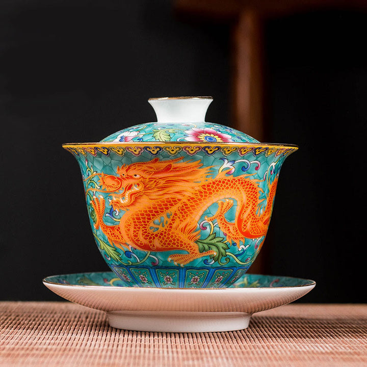 Buddha Stones龍鳳凰花デザイン陶器蓋碗三彩ティーカップカンフーティーカップ＆ソーサー蓋付き
