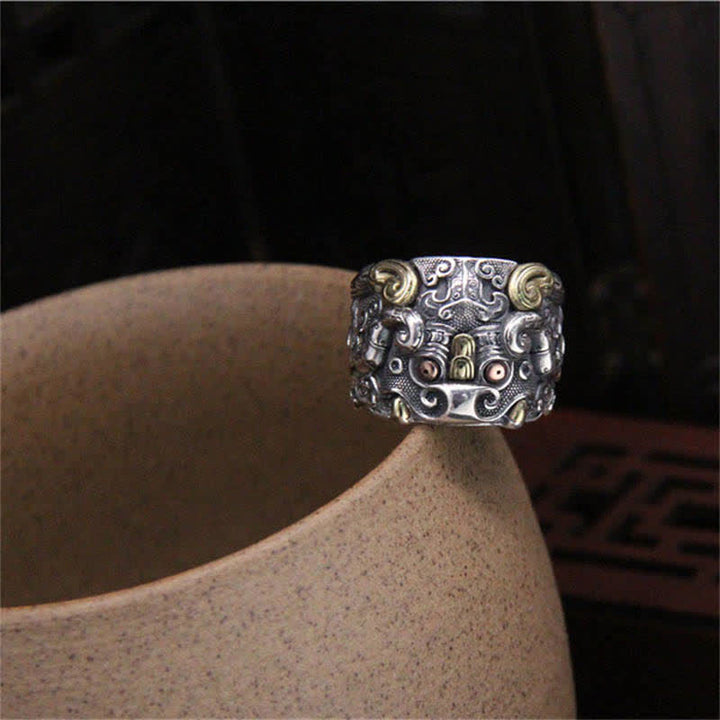 Buddha Stones925 スターリングシルバー 風水 魁 牛守 調節可能リング