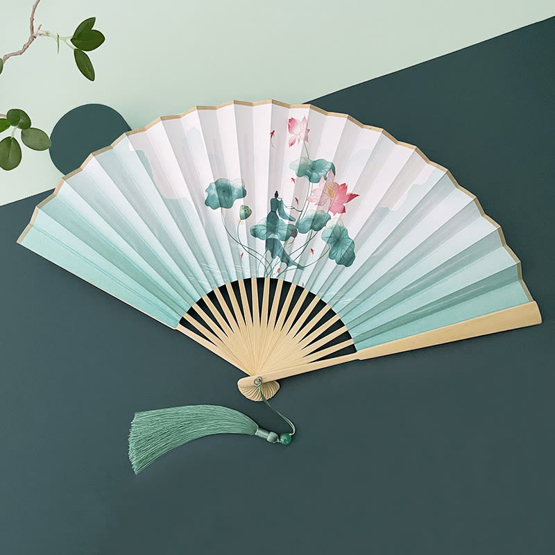 Buddha Stonesレトロ 蓮の花 葉 山 湖 手持ち扇子 竹製フレーム付き