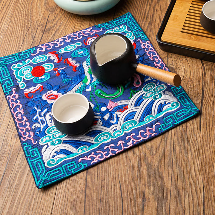 Buddha Stones鳳凰龍 麒麟刺繍 カップマットパッド ティーカップコースター カンフーティーマット