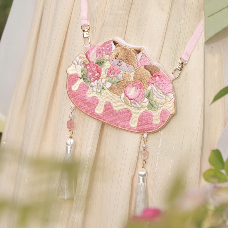 Buddha Stones刺繍のラッキーパンダ猫柴犬鹿ウサギキツネ花かわいい動物漢服バッグクロスボディバッグショルダーバッグ