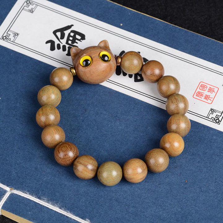Buddha Stones、黒檀、緑檀、赤檀、愛らしい猫のバランスブレスレット - グリーンサンダルウッド猫 12mm×15個（手首周り14～16cm） - image 8