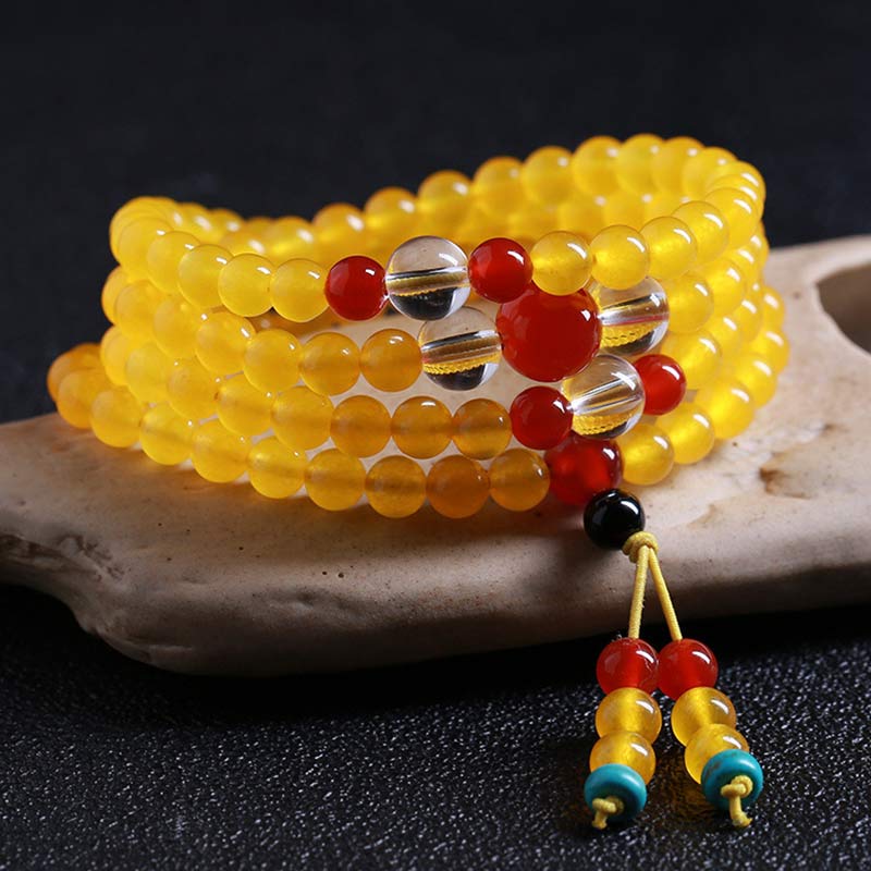 Buddha Stones 108 個入りMalaビーズ イエローカルセドニー ハーモニーブレスレット