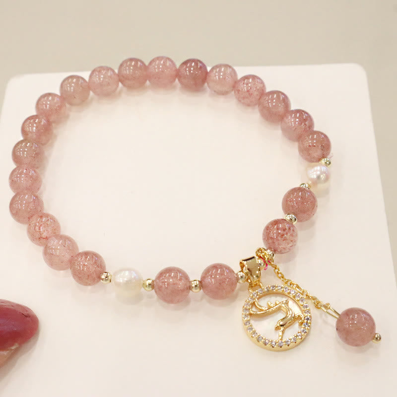 Buddha Stonesストロベリークォーツパール エルク スマイリーフェイス フィッシュテール フーキャラクターチャーム ヒーリングブレスレット