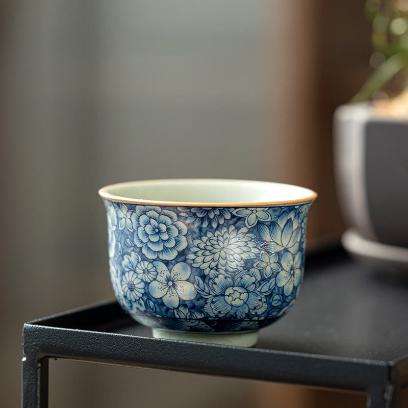 Buddha Stonesヴィンテージ 蓮 牡丹 梅 菊 陶器 ティーカップ ティーカップ
