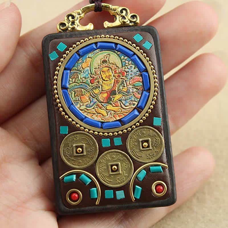 Buddha Stonesチベット 富の神 タンカ 黒檀 平和 ネックレス ペンダント