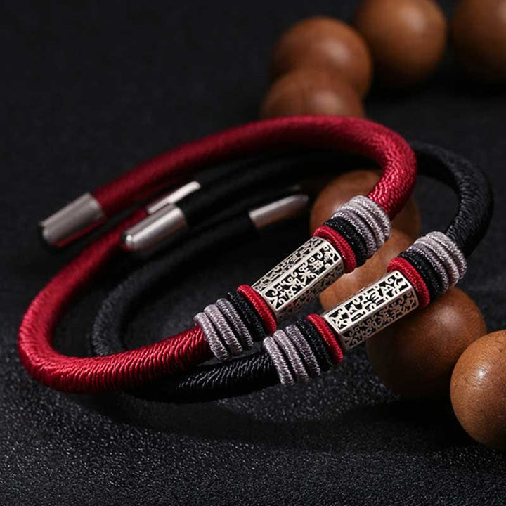 Buddha Stones925スターリングシルバーオーム・マニ・パドメ・フム平和の赤紐ブレスレット