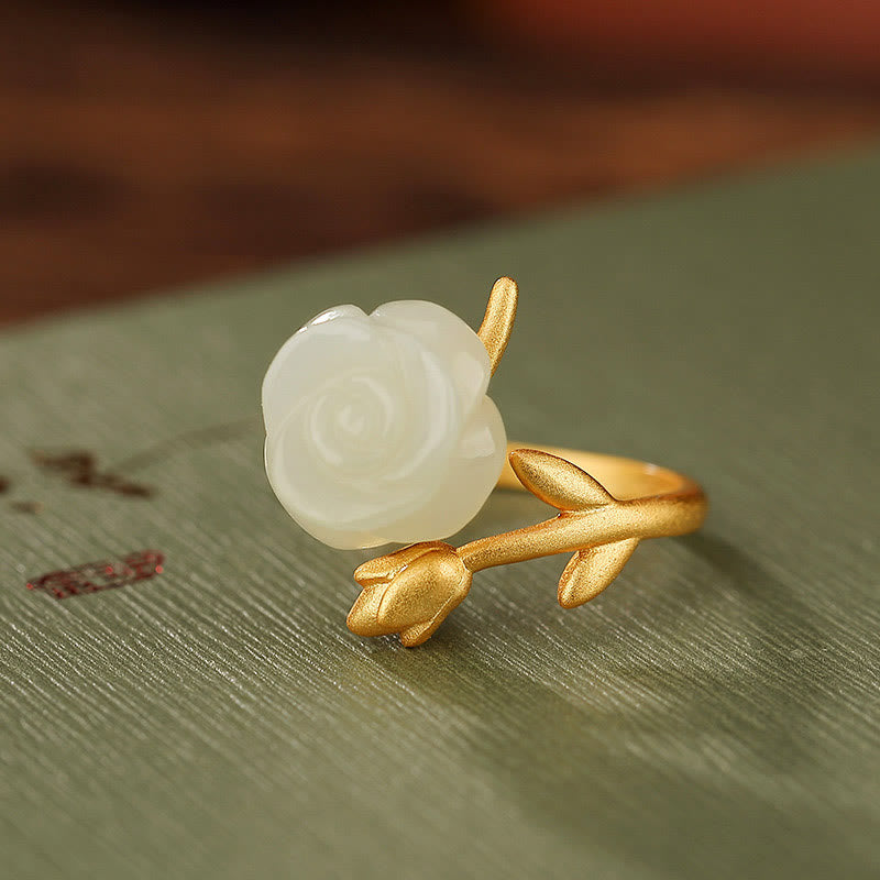 Buddha Stones925 スターリングシルバー ゴールドメッキ ローズフラワー 和田白翡翠 幸福リング