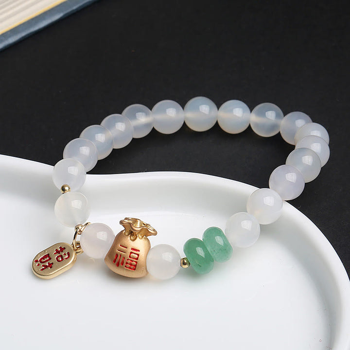 Buddha Stones天然白瑪瑙 赤瑪瑙 マネーバッグ 福の字 四つ葉のクローバー 守護ブレスレット