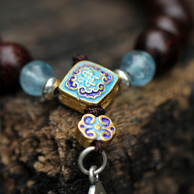 Buddha Stones925 スターリングシルバー インド産小葉 レッドサンダルウッド アクアマリン ゴールドスター 中国結び 祝福ブレスレット