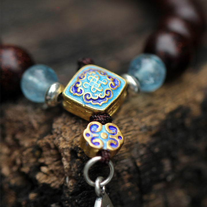 Buddha Stones925 スターリングシルバー インド産小葉 レッドサンダルウッド アクアマリン ゴールドスター 中国結び 祝福ブレスレット