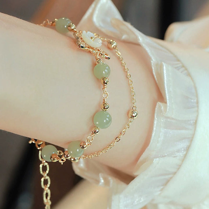 Buddha Stones 14K金メッキ 翡翠＆シャコガイ バタフライモチーフ 2連幸運ブレスレット