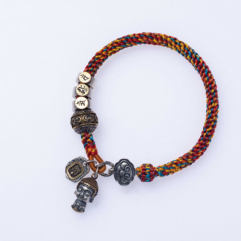 Buddha Stonesハンドメイド チベット 925 スターリングシルバー十二支誕生仏ザキラム 富の守護女神 マルチカラー ロープ編みブレスレット