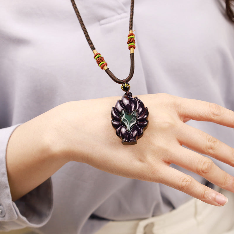 Buddha Stones天然レインボーオブシディアン ゴールドシーンオブシディアン 九尾狐 ポジティブネックレスペンダント