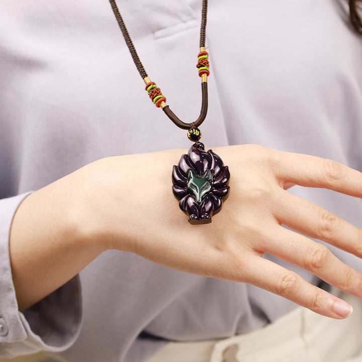 Buddha Stones天然レインボーオブシディアン ゴールドシーンオブシディアン 九尾狐 ポジティブネックレスペンダント