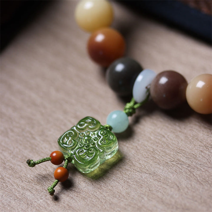 Buddha Stones天然 マルチカラー グラデーション 菩提樹 瑠璃ガラス チャーム 平和ブレスレット