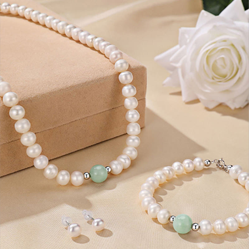 Buddha Stones 925スターリングシルバー 天然パール 翡翠 ヒーリングネックレス ブレスレット イヤリング ギフトボックス付き