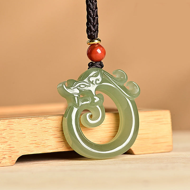 Buddha Stones白翡翠 青翡翠 龍守護ネックレス 紐ペンダント - シアンジェイド - image 2