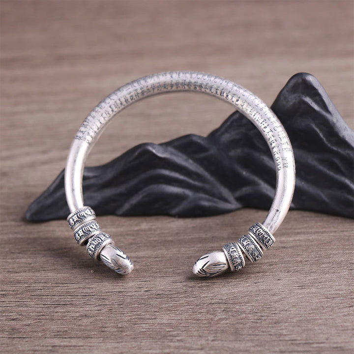 Buddha Stones999スターリングシルバー 般若心経オーム・マニ・パドメ・フム刻印入り 平和 純潔 ブレスレット バングル