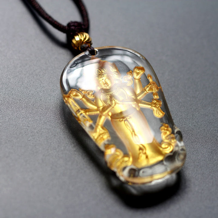 Buddha Stonesチベット 八臂観音 仏像 金メッキ 琉璃水晶 富のネックレスペンダント