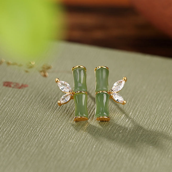 Buddha Stones925スターリングシルバー和田シアン翡翠白翡翠赤瑪瑙竹模様幸運スタッドピアス