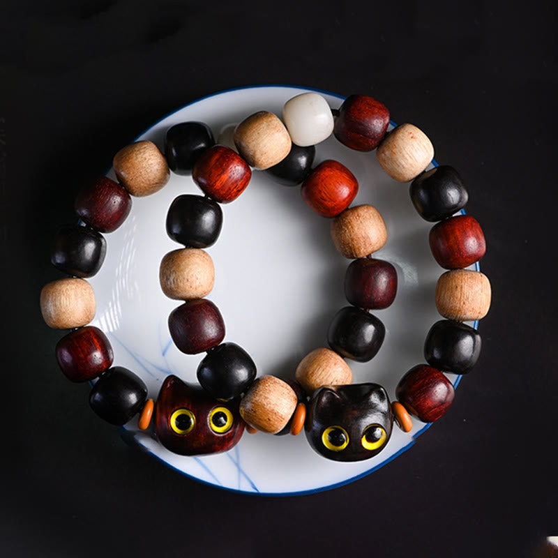 Buddha Stones小葉紫檀黒檀かわいい猫 彫刻守護ブレスレット - image 2