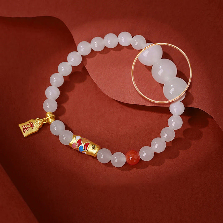 Buddha Stones925 スターリングシルバー 和田白翡翠 赤瑪瑙 鯉 幸運 幸福 ブレスレット