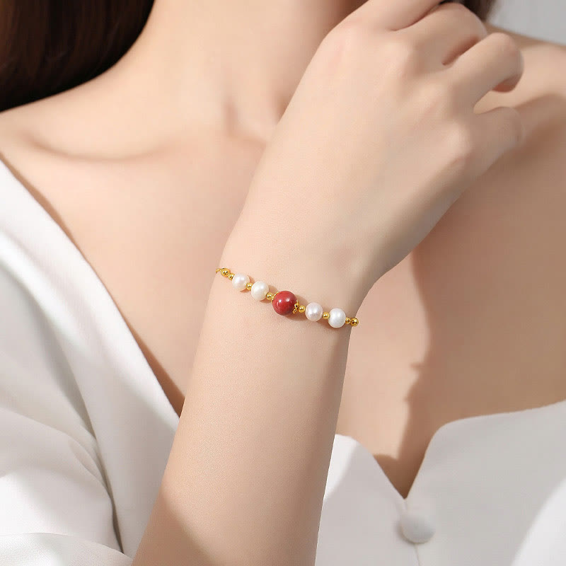 Buddha Stones925スターリングシルバー パール シナバー ヒーリングビーズチェーンブレスレット