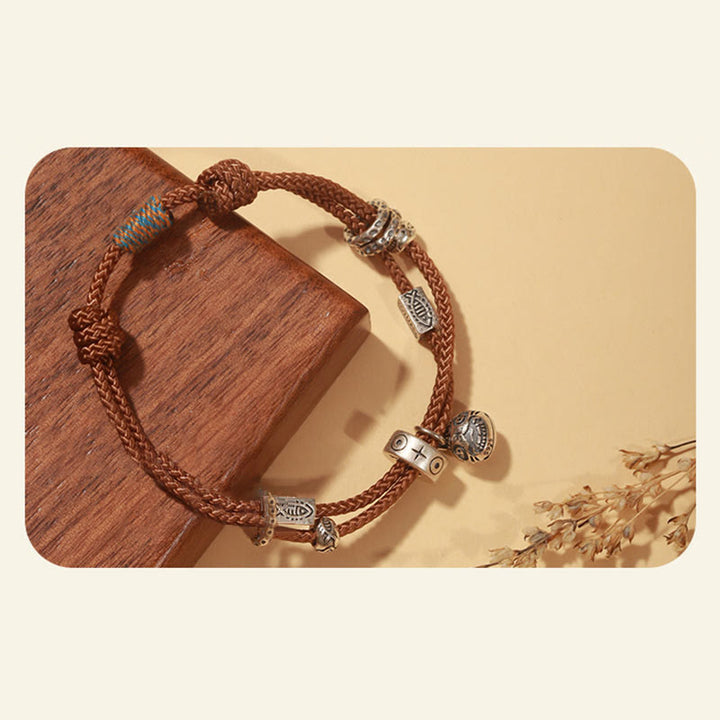 Buddha Stones925 スターリングシルバー ゴールド 呑み込む獣 鯉 富 手作り 編み込みブレスレット