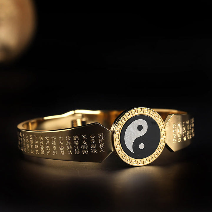 Buddha Stones陰陽 蓮オーム・マニ・パドメ・フムマントラ チタン鋼 ハーモニーブレスレット バングル