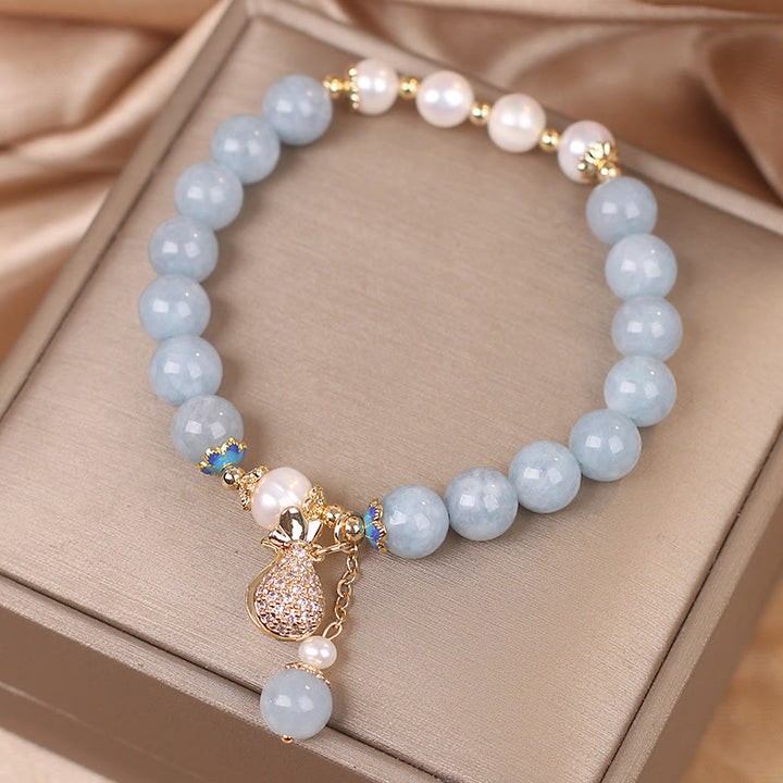 Buddha Stonesアクアマリンパール フォーチュン マネーバッグチャームブレスレット