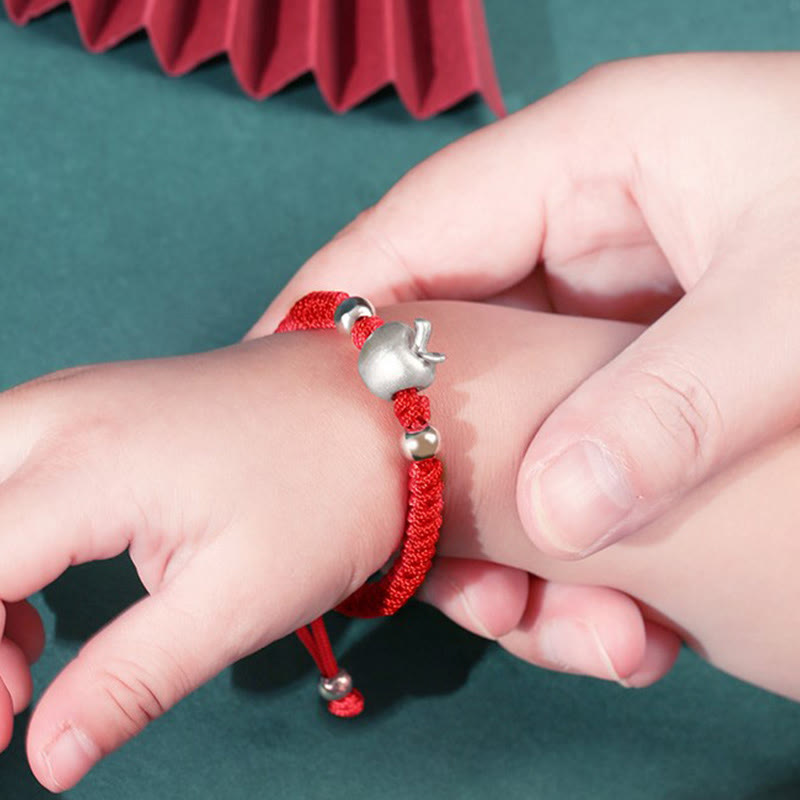 Buddha Stones 999スターリングシルバー アップルレッド マルチカラーロープ 幸運のお守り 手作り 子供用ブレスレット
