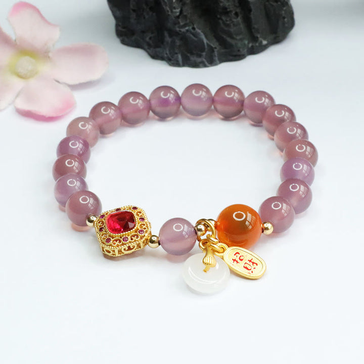 Buddha Stones天然パープルカルセドニー キャンディアゲート 平和バックル ハーモニー 幸運 幸運 チャーム ブレスレット
