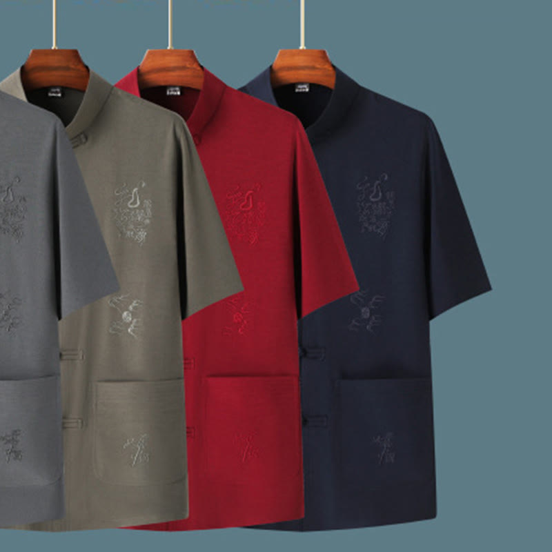 Buddha Stones唐装漢服中国龍伝統カンフーユニフォーム半袖トップスとパンツ衣類メンズセット