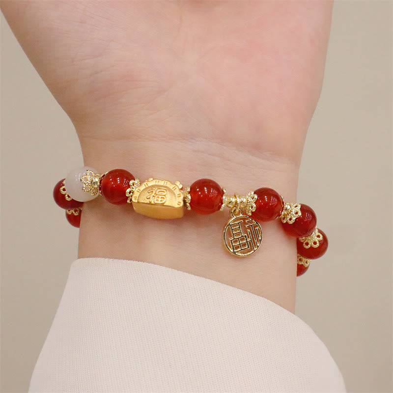Buddha Stones赤瑪瑙 ストロベリークォーツ 黒曜石 翡翠 ガーネット 真珠 辰砂 団子型 龍 幸運 福 キャラクター ブレスレット - image 4