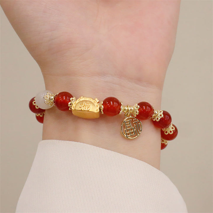 Buddha Stones赤瑪瑙 ストロベリークォーツ 黒曜石 翡翠 ガーネット 真珠 辰砂 団子型 龍 幸運 福 キャラクター ブレスレット - image 4