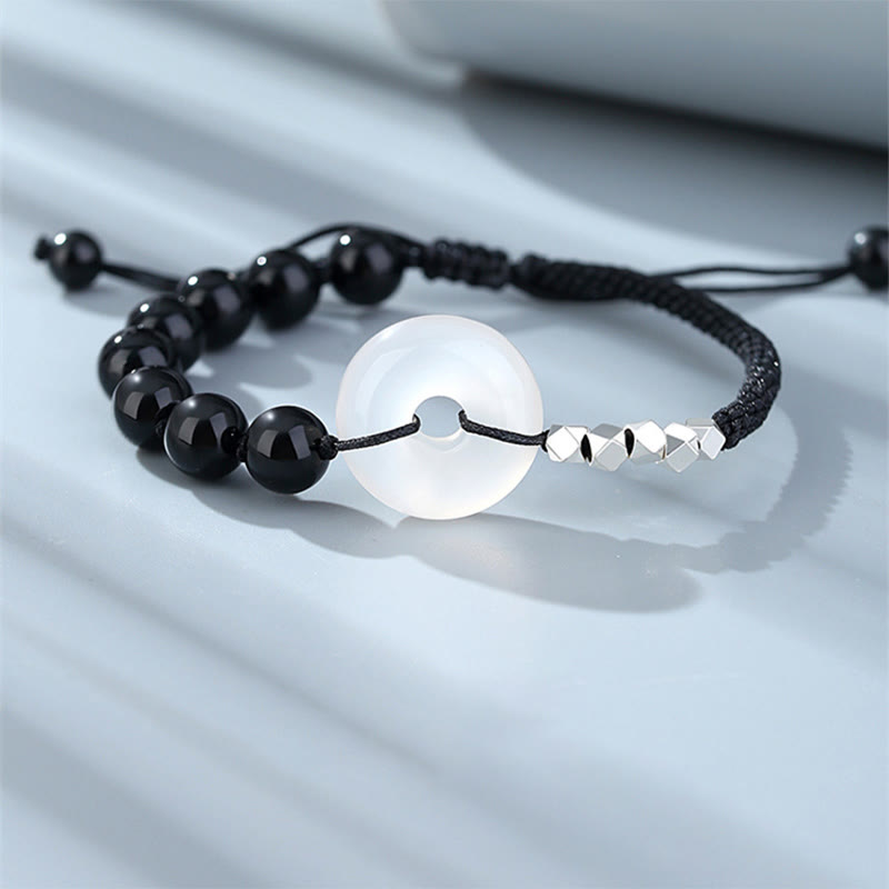 Buddha Stones 925スターリングシルバー ブラックオブシディアンアゲート ピースバックル ストレングスブレスレット