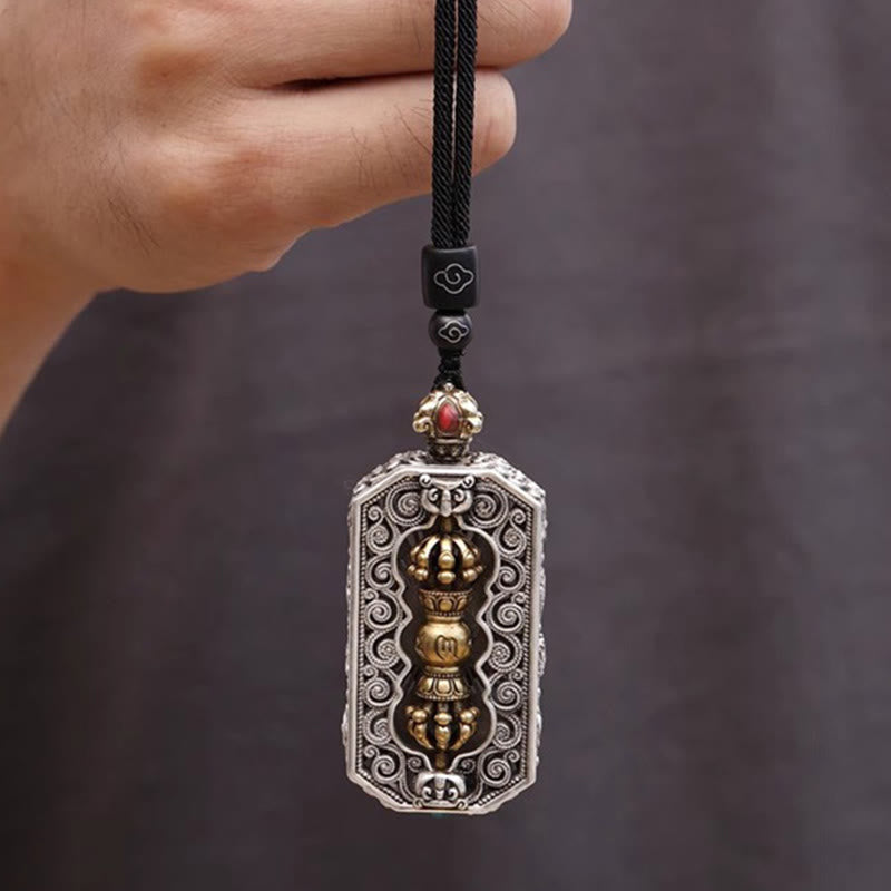 Buddha Stones チベット彫刻 回転式ドルジェ（ヴァジュラ） Om Mani Padme Hum入り 蓮模様 清浄ペンダント ネックレス
