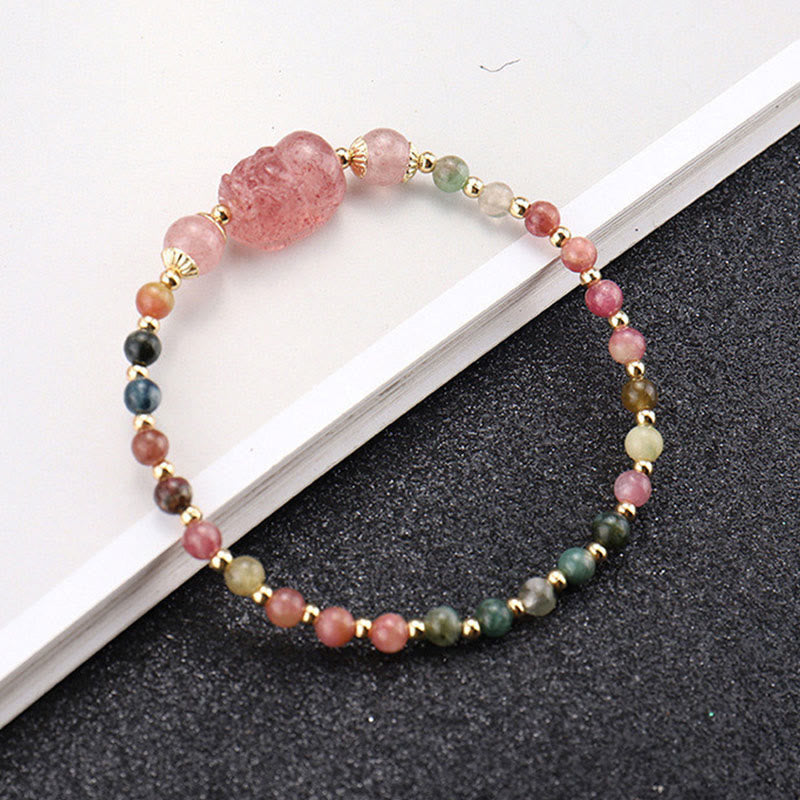 Buddha Stones天然トルマリンガーネット ストロベリークォーツ 貔貅ムーンストーン守護ブレスレット