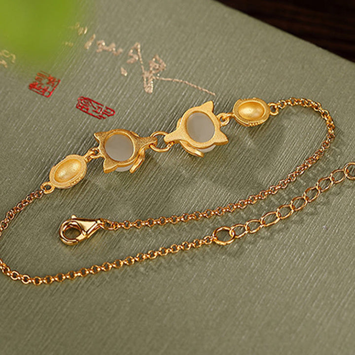 Buddha Stones925 スターリングシルバー 天然和田白翡翠 シアン翡翠 愛らしいキツネの幸運のブレスレット