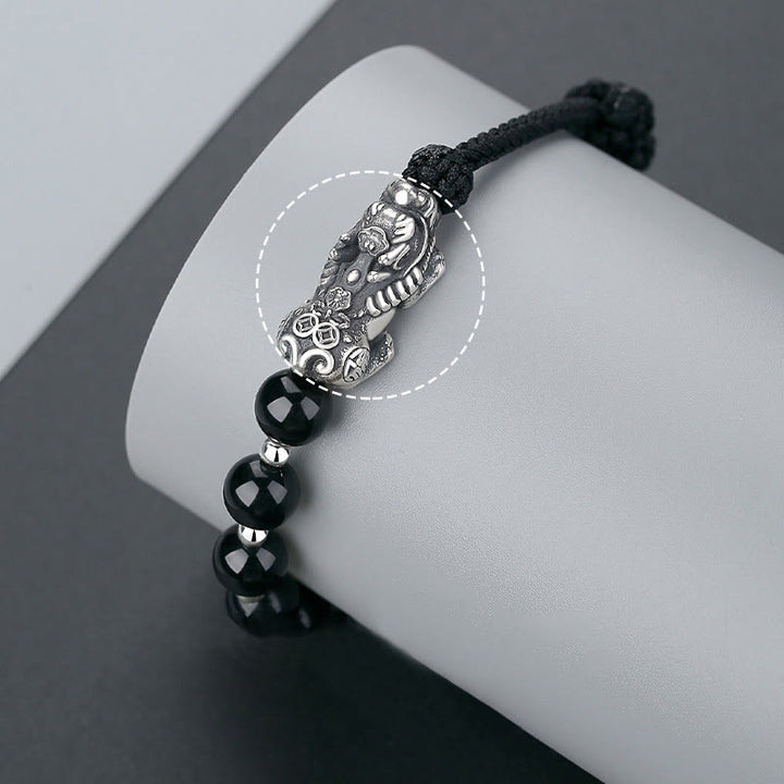 Buddha Stones999スターリングシルバー 風水 貔貅 天然黒曜石 925スターリングシルバー ビーズ 強度ブレスレット