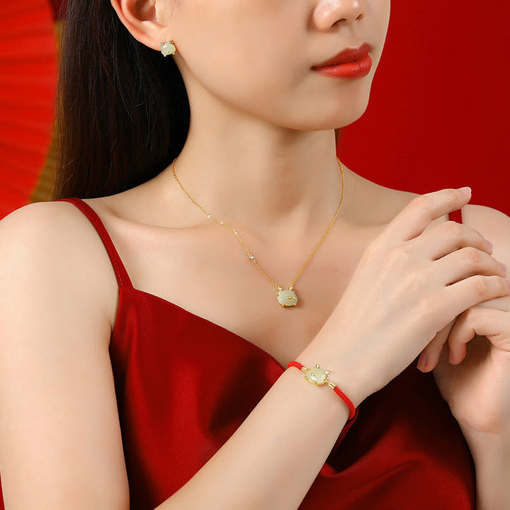 Buddha Stones925スターリングシルバー 龍年 天然和田翡翠 赤瑪瑙 かわいい龍の守護 成功のブレスレット ネックレス ペンダント イヤリング